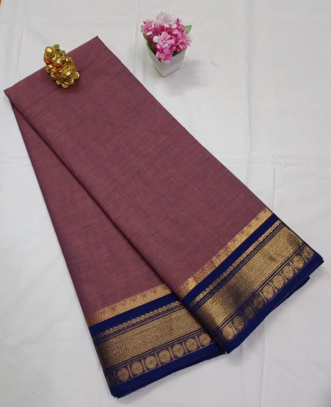 Dusty Rose Brown Kanchi Cotton Zari Border Saree